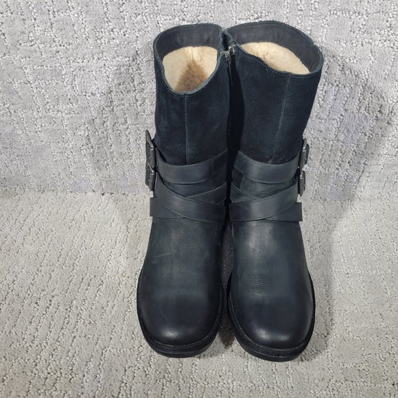 UGG Lorna Women's Size US 6 Black Suede Leather Ankle Biker Moto Boots 1095155 - Picture 3 of 11